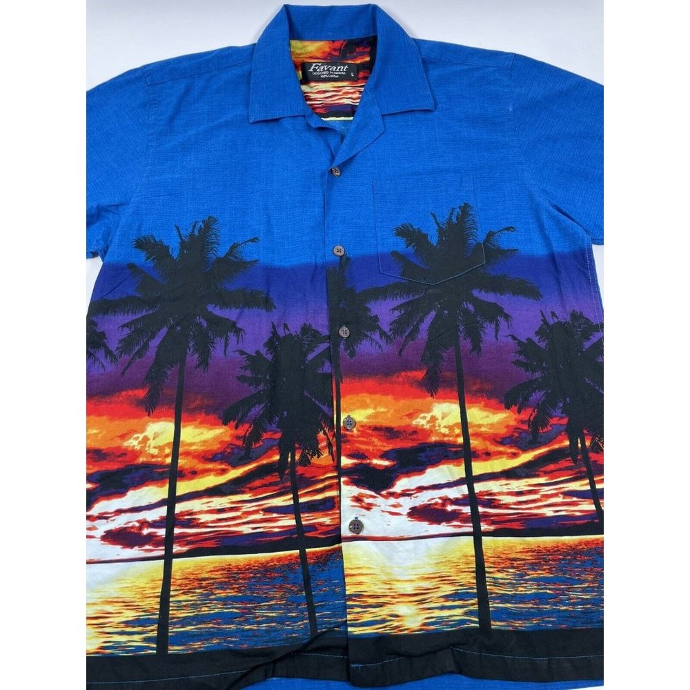 Favant Blue Full Graphic Sunset Hawaiian Surf Short Sleeve Rayon Shirt Size L